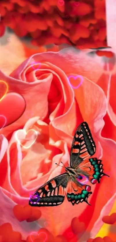 Romantic rose wallpaper with heart and butterfly.