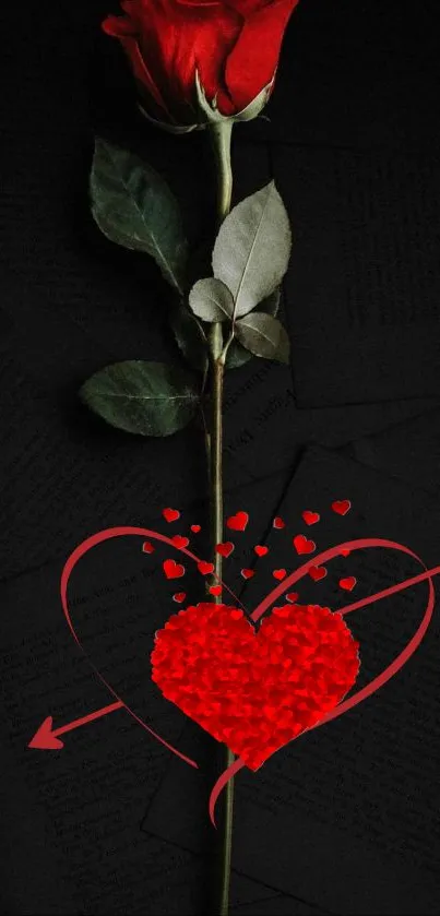 Red rose with heart and arrow on dark background.