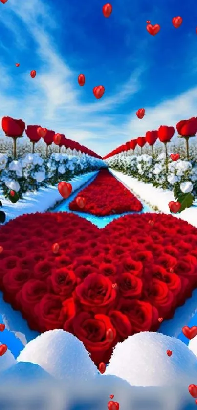 Romantic heart-shaped red roses in a snowy landscape wallpaper.