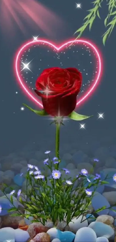 Red rose with glowing heart on stones