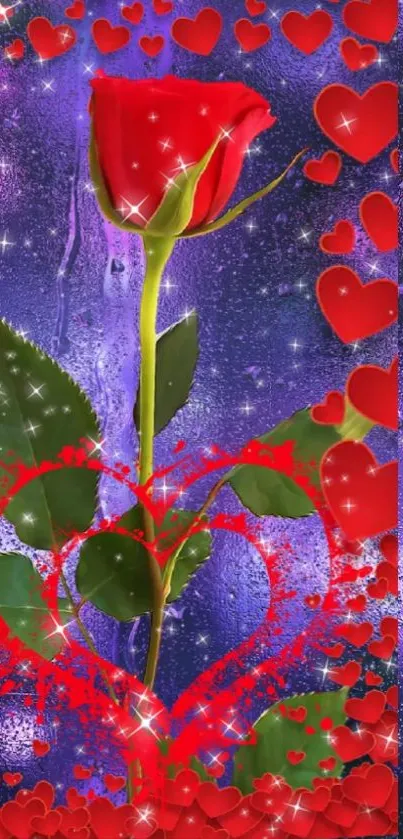 Red rose with sparkling hearts on a vibrant background.