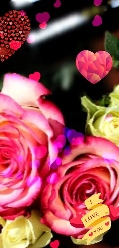 Romantic mobile wallpaper with roses and heart shapes.