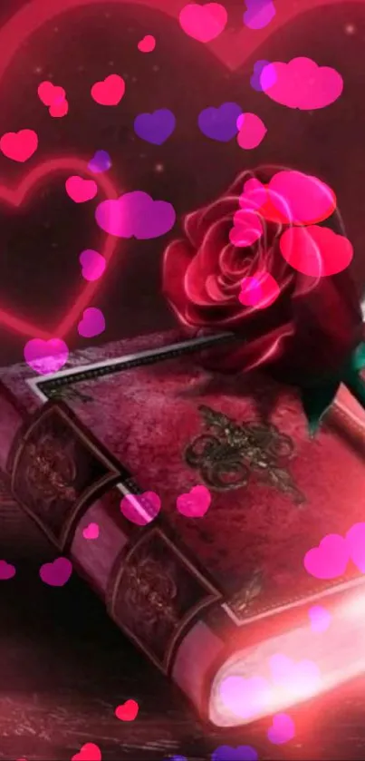 Red rose on book with heart in background.