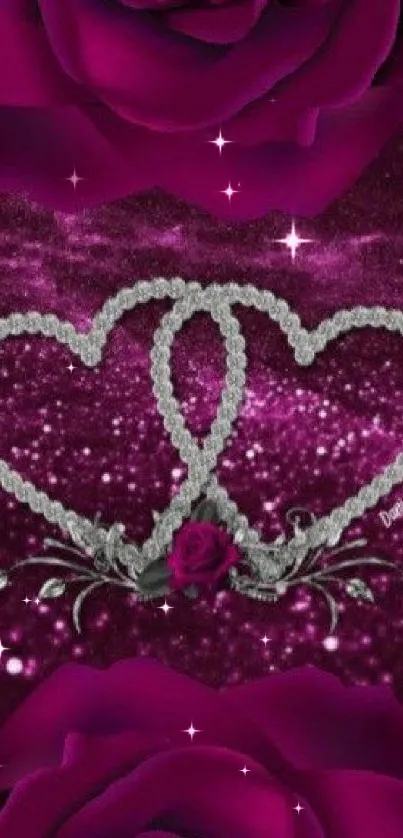 Romantic wallpaper featuring purple roses and heart patterns.