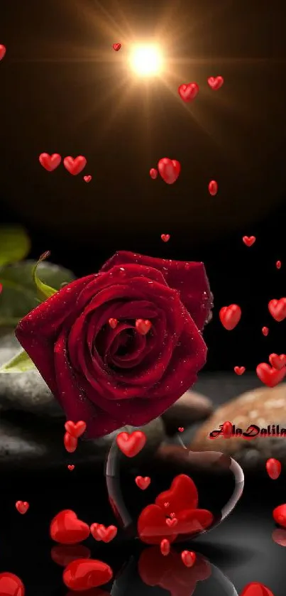 Red rose and hearts on glowing dark background wallpaper