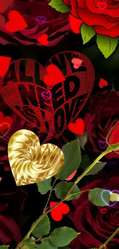 Romantic wallpaper with red roses and hearts.