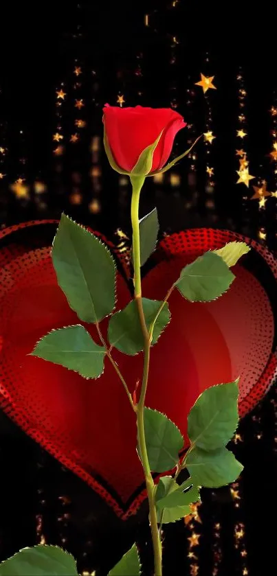 Romantic rose with heart and stars on wallpaper.