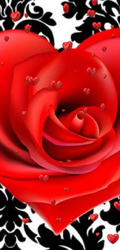 Romantic red rose heart on black and white pattern background.
