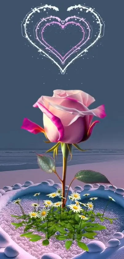 Pink rose with heart-shaped design on a blue background.