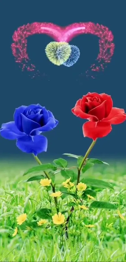 Blue and red roses with heart design.