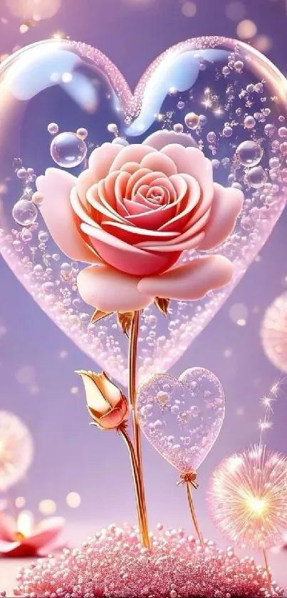 Romantic rose and heart with bubbles on a phone wallpaper.