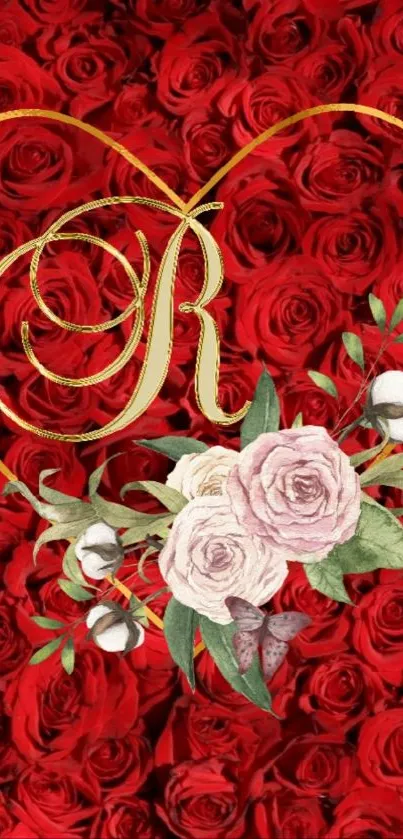 Romantic red rose heart wallpaper with golden detail.