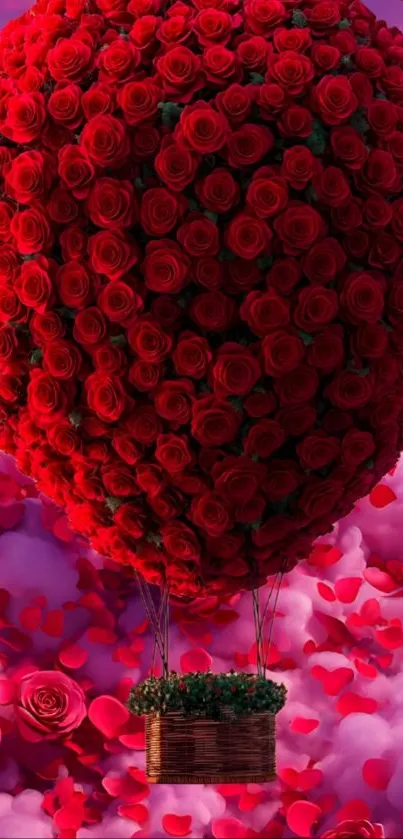 Romantic rose hot air balloon against pink sky.