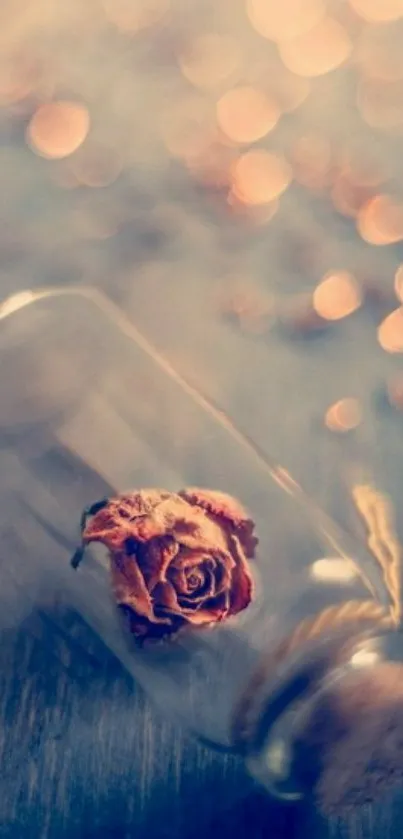 Romantic dried rose in a glass bottle with a dreamy bokeh backdrop.