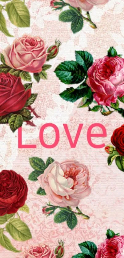 Romantic rose wallpaper with pink love text.