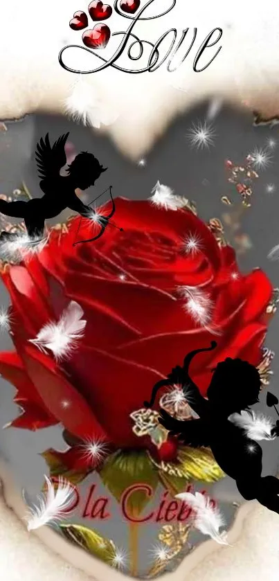 Romantic red rose with cupids and feathers wallpaper.