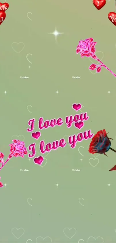 Romantic wallpaper with 'I love you' text, pink roses, and red hearts.