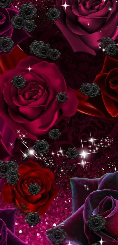 Romantic mobile wallpaper with rich red and black roses.