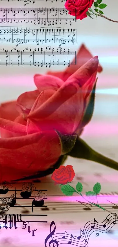 Romantic red rose and music note wallpaper for mobile phones.