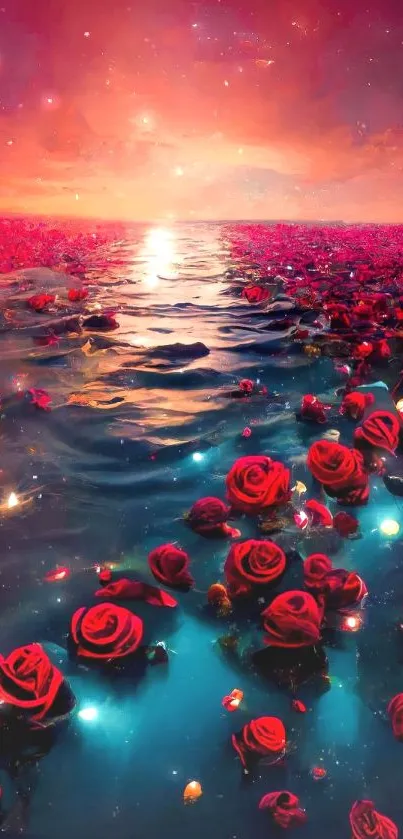 Red roses float on ocean under a vivid sunset sky.