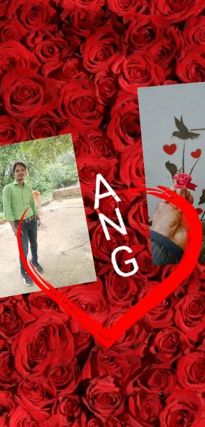 Romantic wallpaper with red roses and personal photo collage.