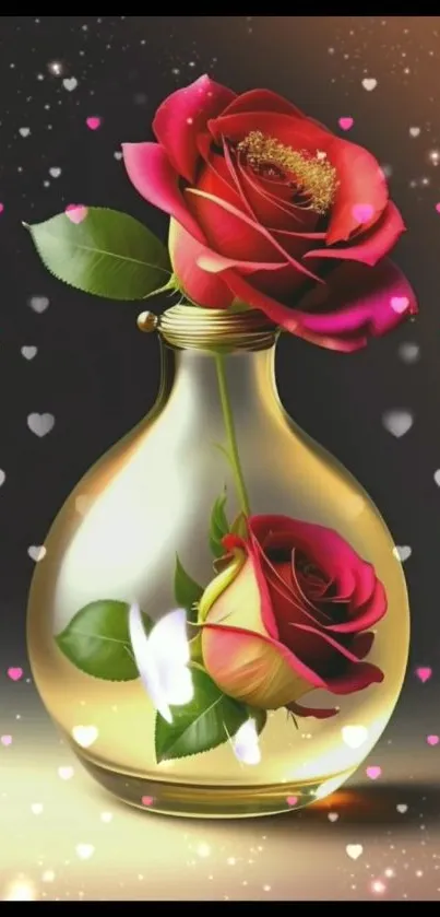 Romantic rose vase mobile wallpaper with sparkling hearts.