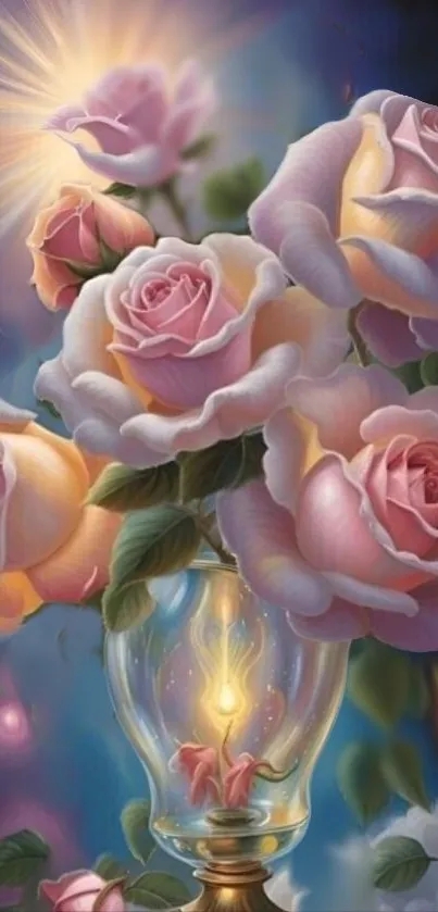 Artistic wallpaper of pink roses in a glowing vase, evoking elegance and romance.