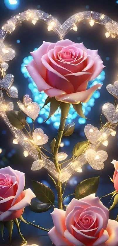 Romantic pink roses with heart-shaped lights.