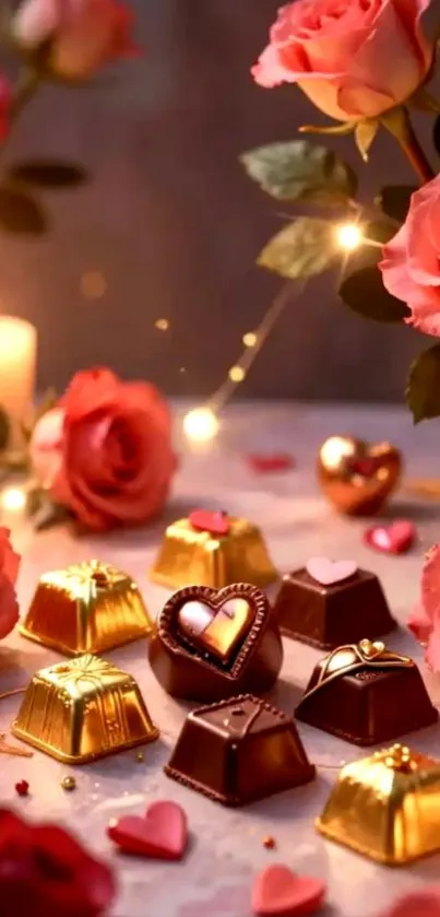 Romantic scene with roses and chocolates.