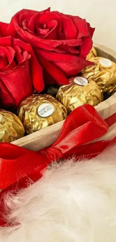 Red roses with chocolates in a wooden basket.