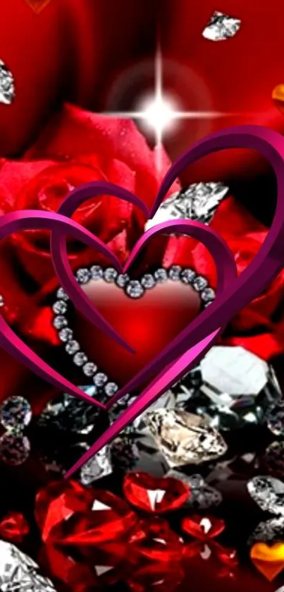 Romantic red rose with heart and diamonds mobile wallpaper.