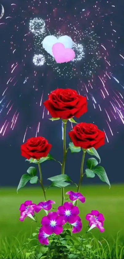 Red roses beneath fireworks in a night sky.