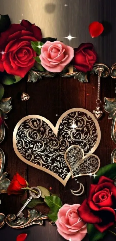 A vintage heart design surrounded by roses.