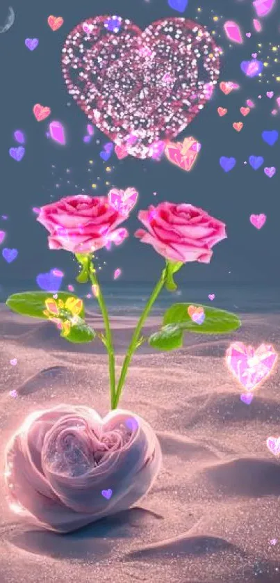 Romantic wallpaper with pink roses and heart design on moonlit sand.