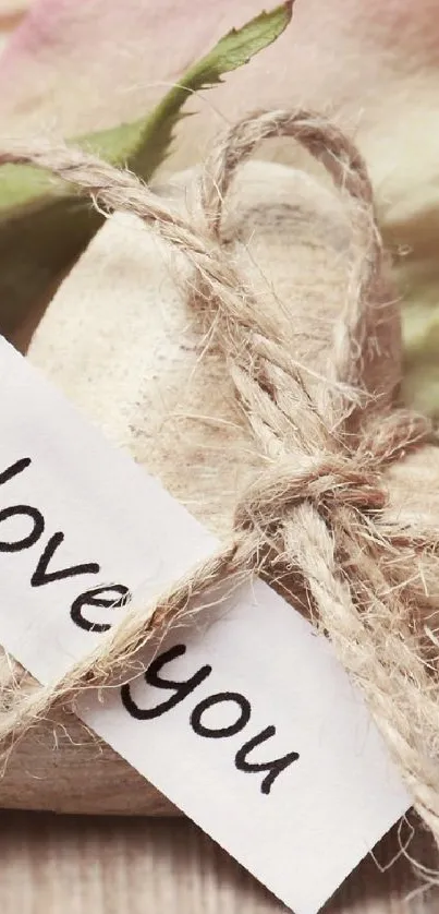Heart-shaped decoration with 'I love you' note among pink roses on wood.