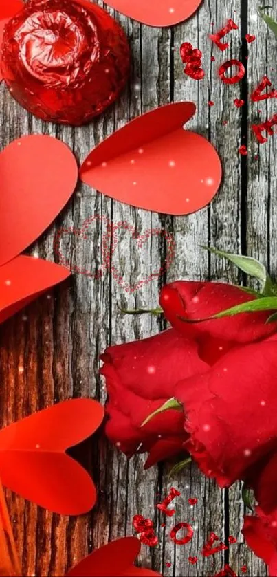 Red roses and hearts with a rustic background