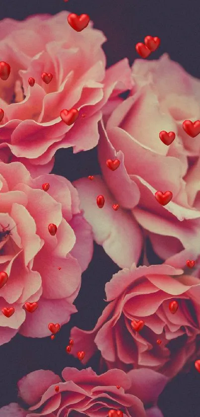 Pink roses with red hearts mobile wallpaper.