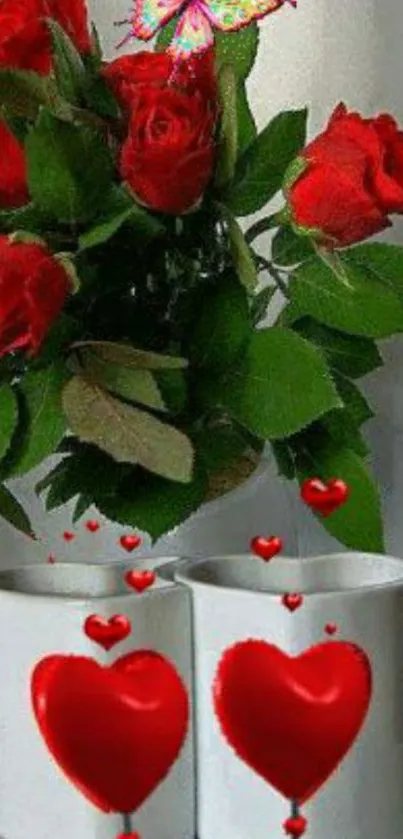 Red roses and heart mugs with butterfly design.