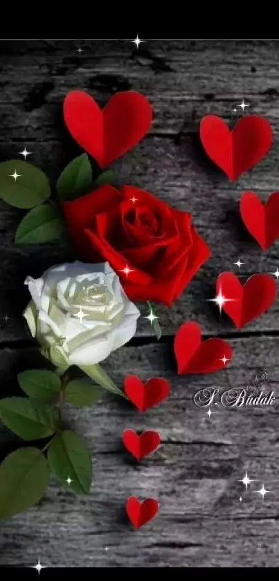 Red roses and paper hearts on wood wallpaper.