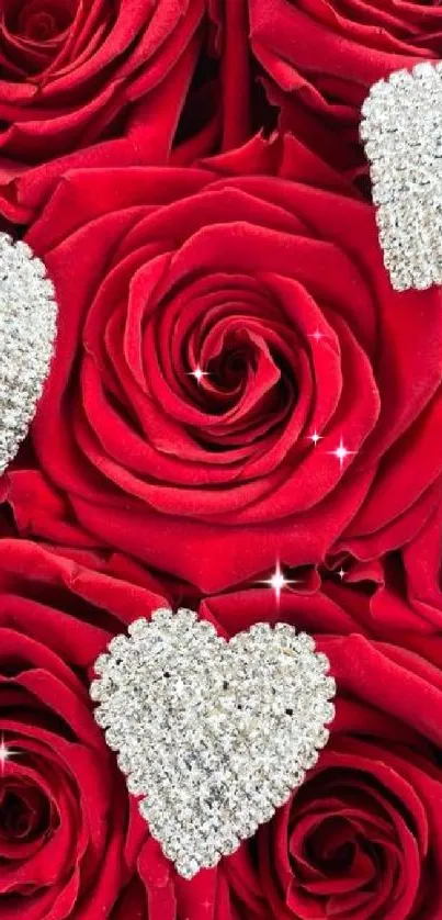 Vivid red roses with sparkling heart accents for a romantic wallpaper.