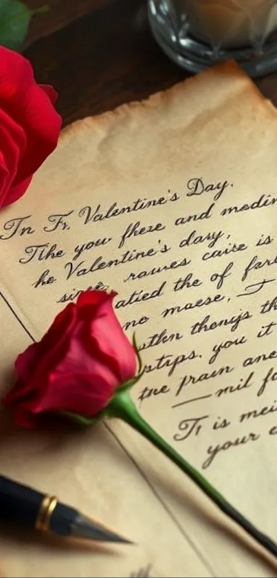 Antique love letter with red roses and pen.