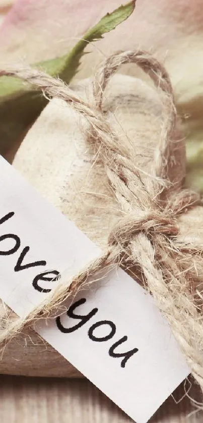 Pink roses and a love note tied to a fabric heart on a wooden surface.