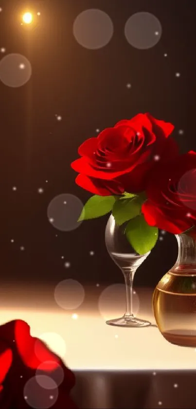 Romantic wallpaper with red roses and wine glasses creating a cozy ambiance.