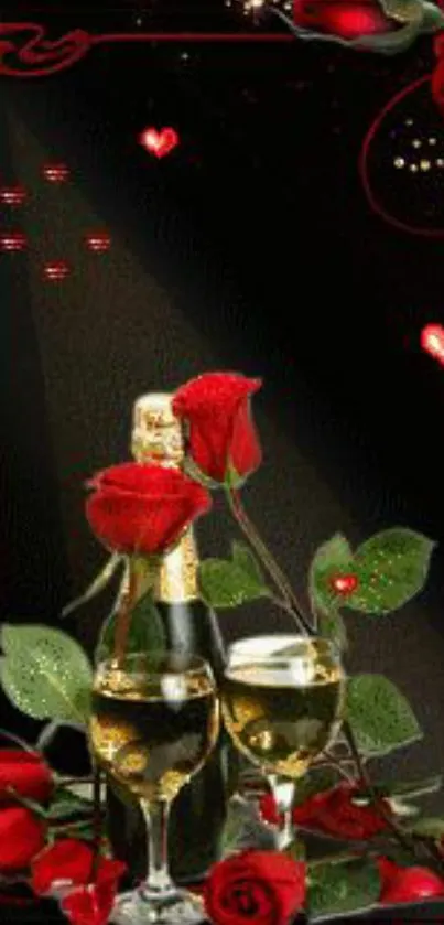 Romantic wallpaper with roses and wine glasses on a dark background.