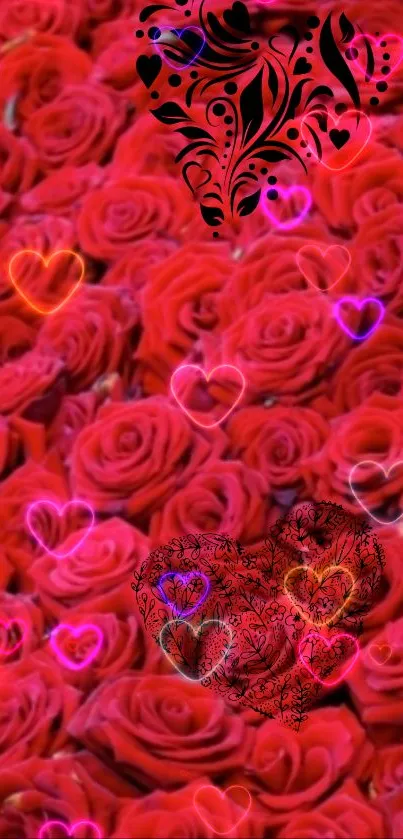 Romantic red roses and heart design wallpaper for mobile.