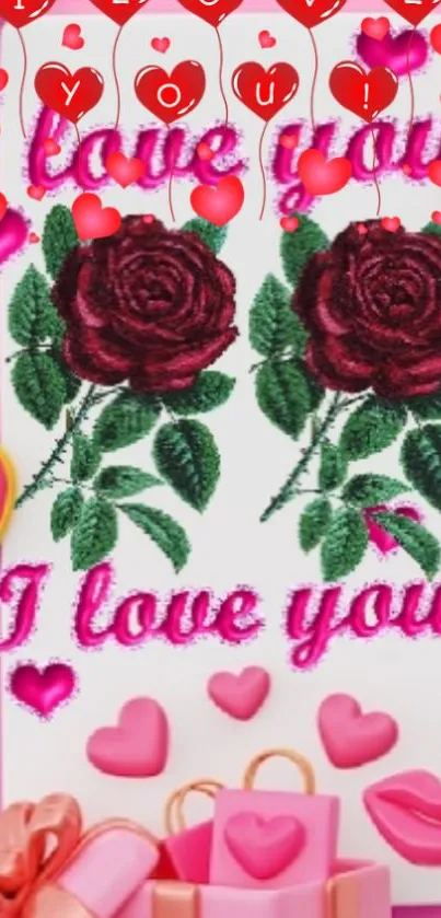 Romantic wallpaper with roses and hearts saying 'I love you'.