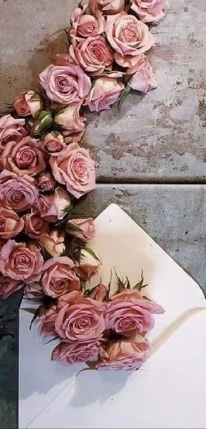 Wallpaper of pink roses in an envelope on a textured background.