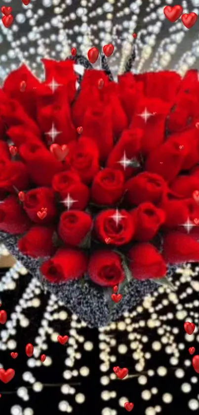 Bouquet of red roses with sparkling hearts and a dazzling background.