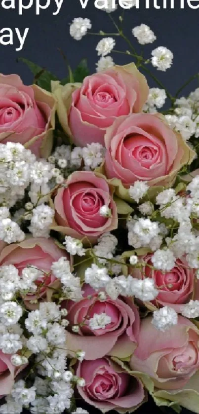Pink roses and white baby's breath with 'Happy Valentines Day' text.