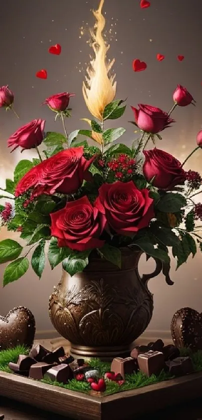 Beautiful red roses with chocolates and gold glow.
